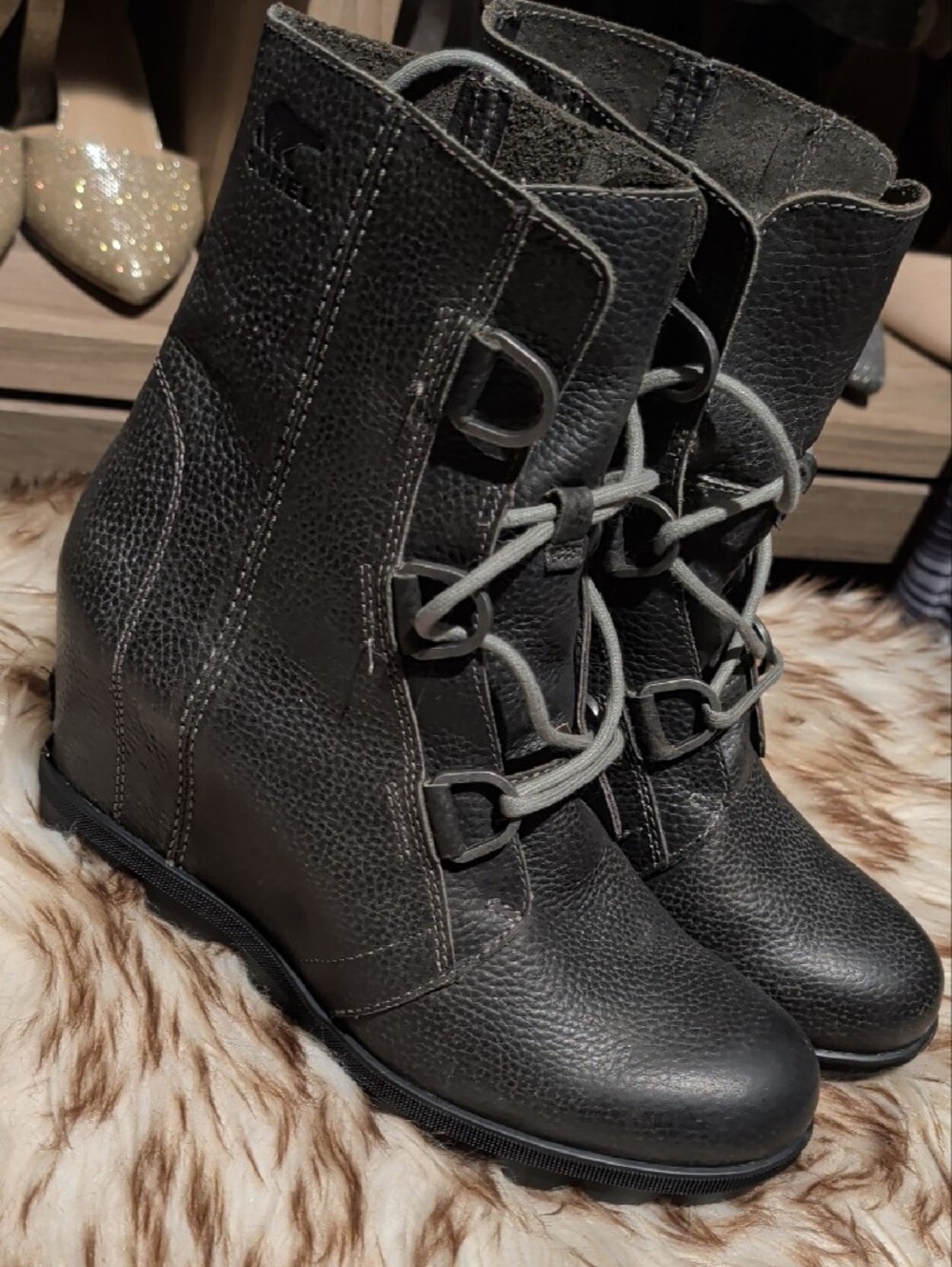 Sorel Black Lace-Up Wedge Ankle Boots